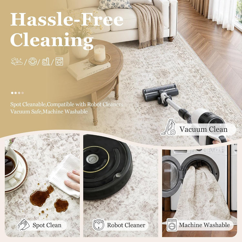 Washable Area Rug Vintage Neutral Distressed