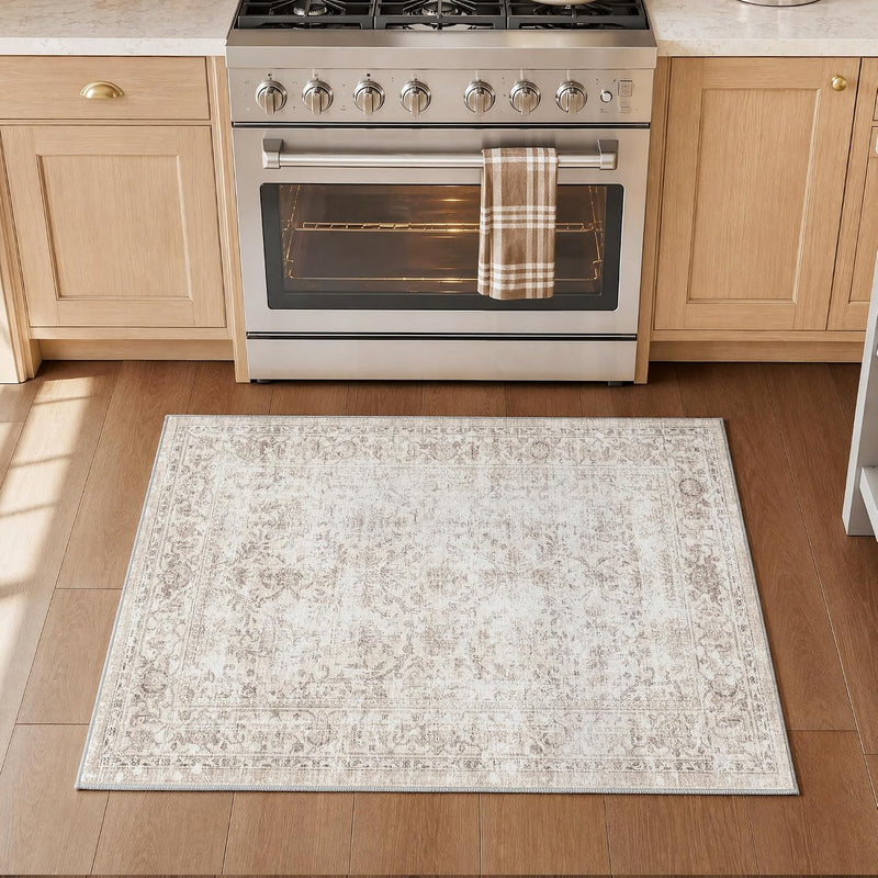Washable Area Rug Vintage Neutral Distressed