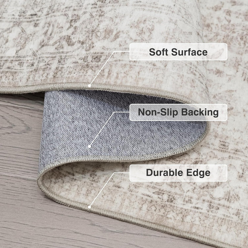 Washable Area Rug Vintage Neutral Distressed
