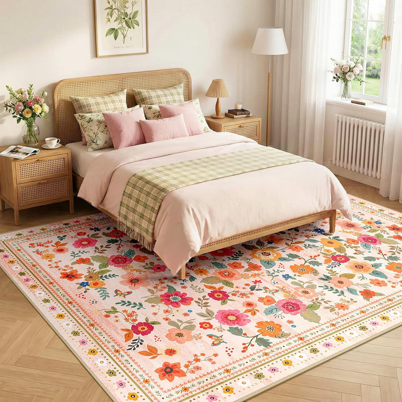 Washable Rug Floral Print Living Room