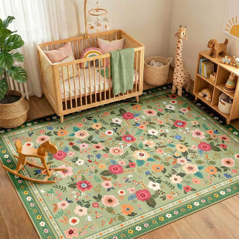 Washable Rug Floral Print Living Room