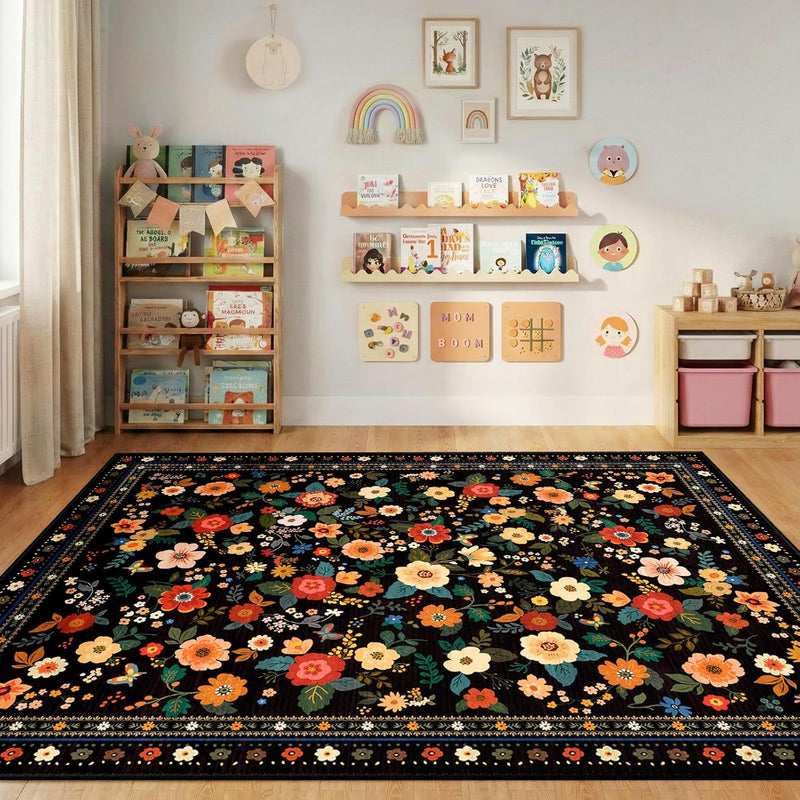 Washable Rug Floral Print Living Room