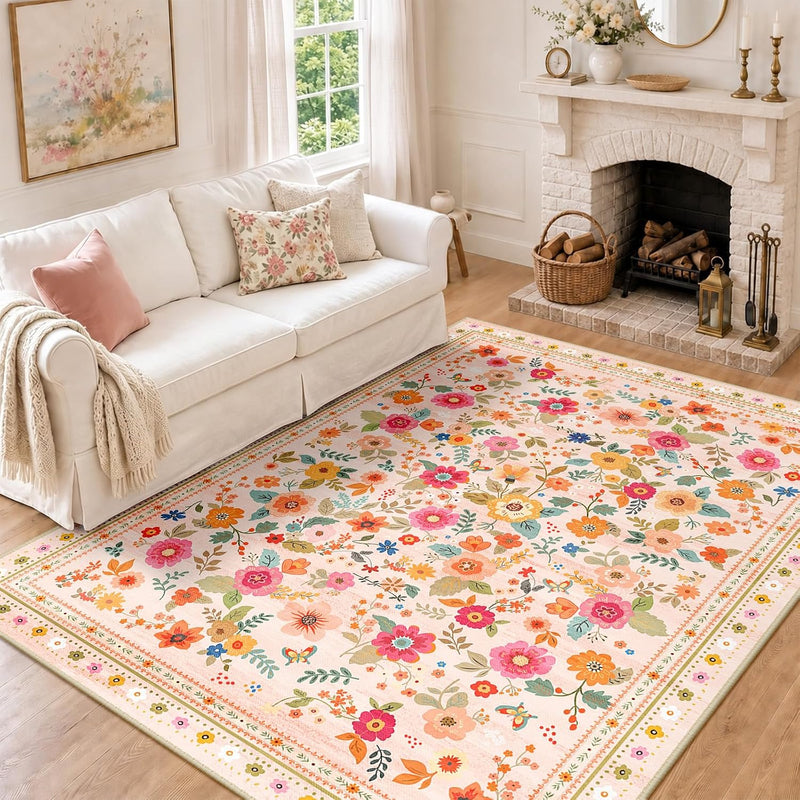 Washable Rug Floral Print Living Room