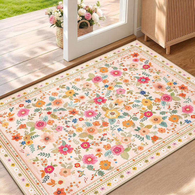 Washable Rug Floral Print Living Room