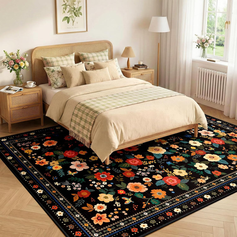 Washable Rug Floral Print Living Room