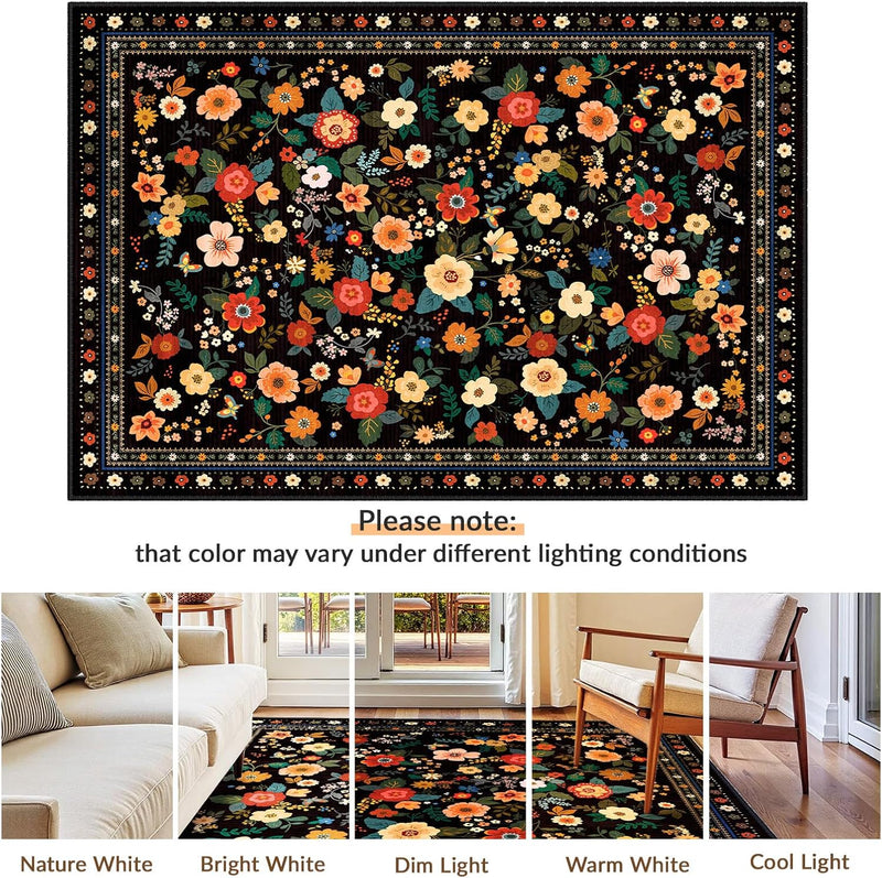 Washable Rug Floral Print Living Room