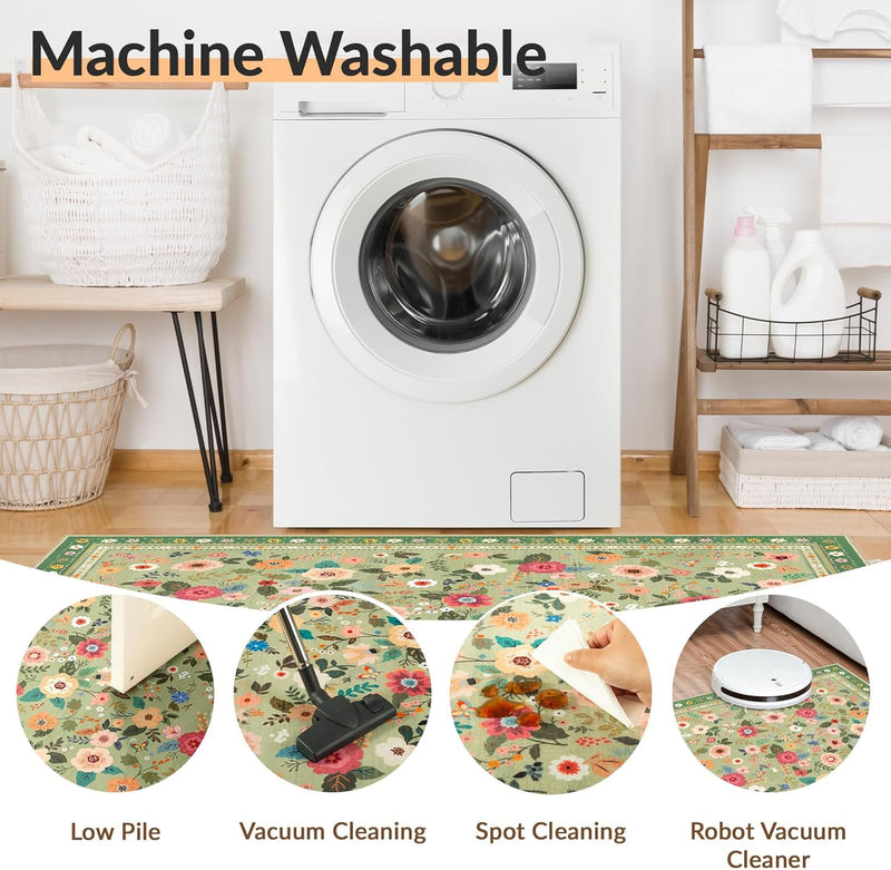 Washable Rug Floral Print Living Room