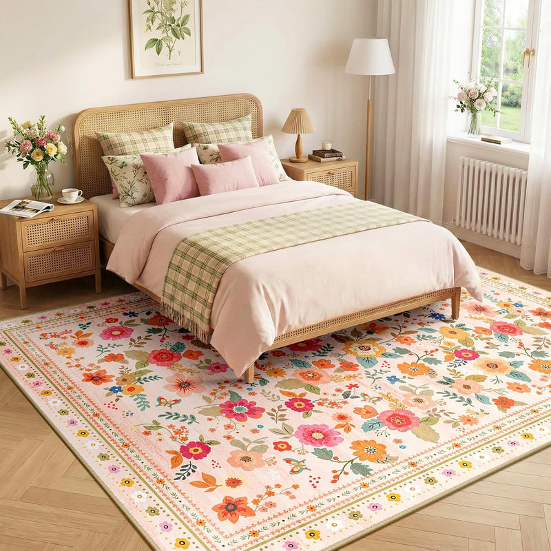 Washable Rug Floral Print Living Room