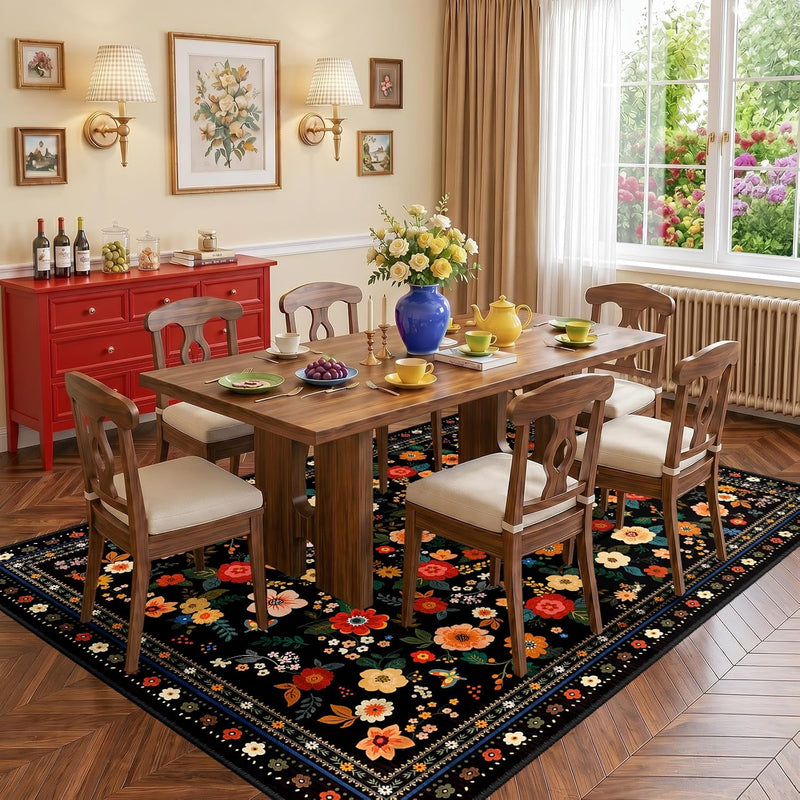 Washable Rug Floral Print Living Room