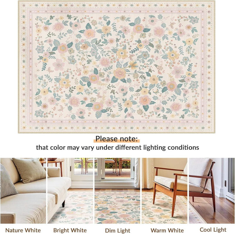 Washable Rug Floral Print Living Room