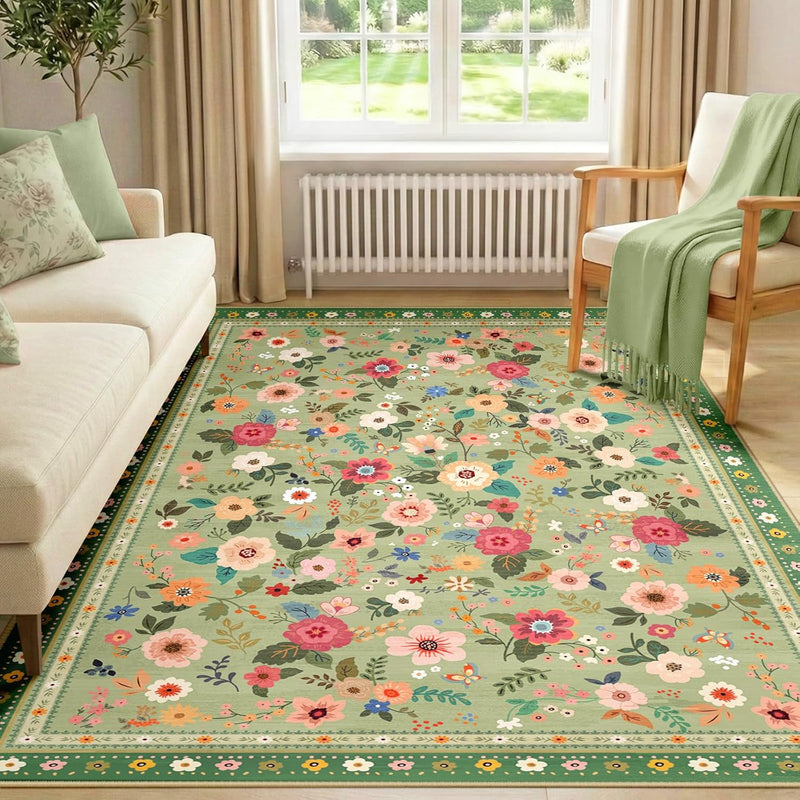 Washable Rug Floral Print Living Room