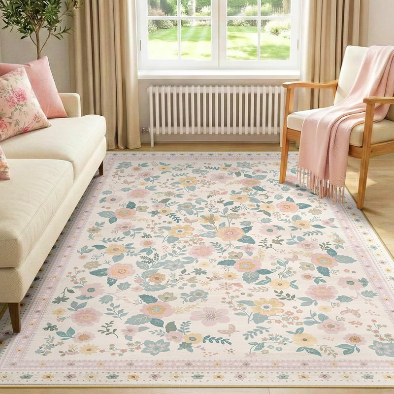 Washable Rug Floral Print Living Room
