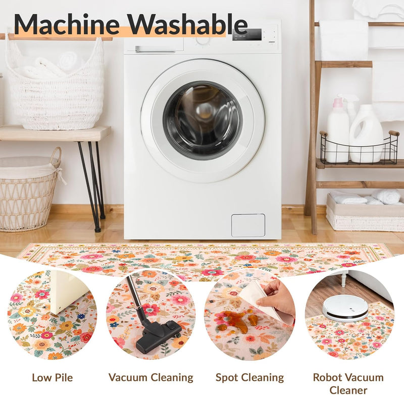 Washable Rug Floral Print Living Room