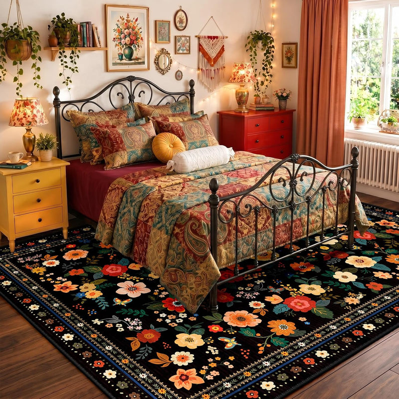 Washable Rug Floral Print Living Room
