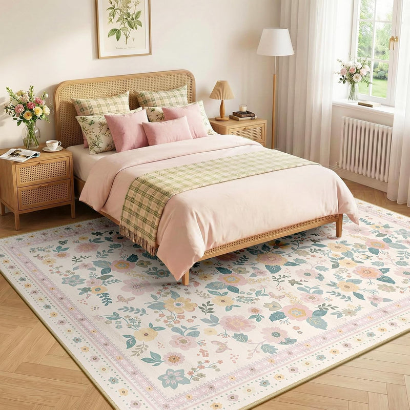 Washable Rug Floral Print Living Room