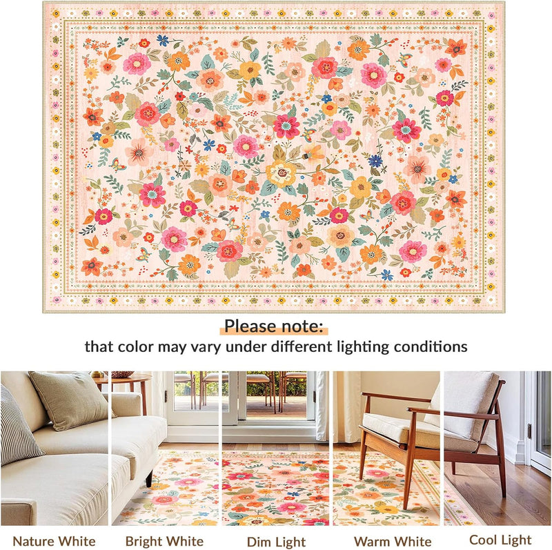 Washable Rug Floral Print Living Room