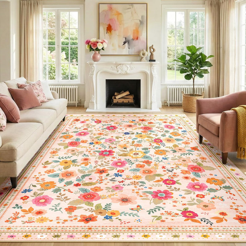Washable Rug Floral Print Living Room