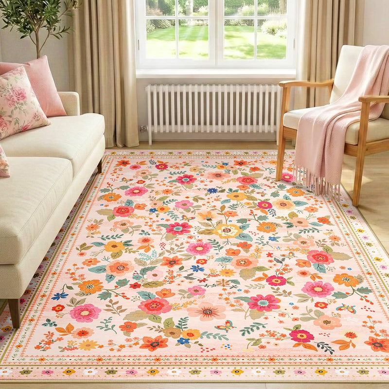 Washable Rug Floral Print Living Room