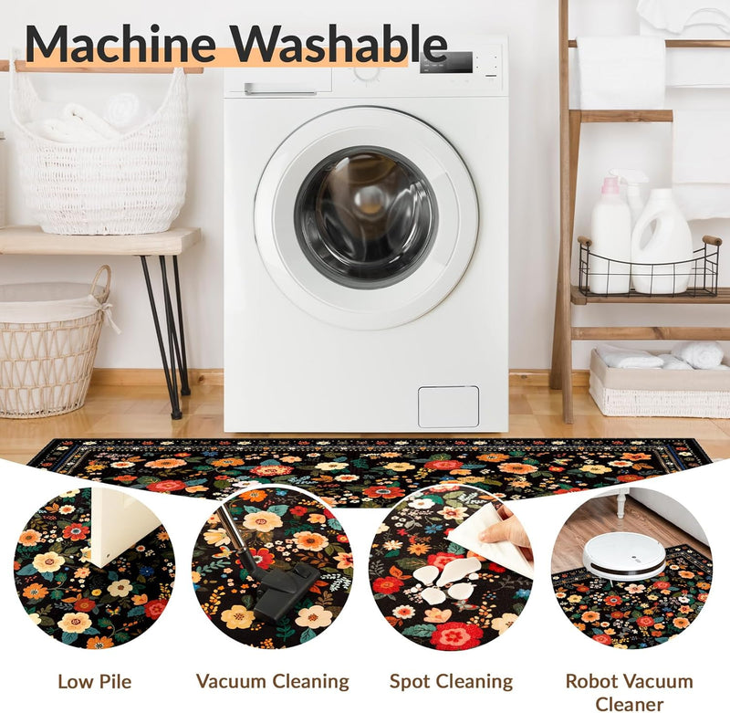 Washable Rug Floral Print Living Room