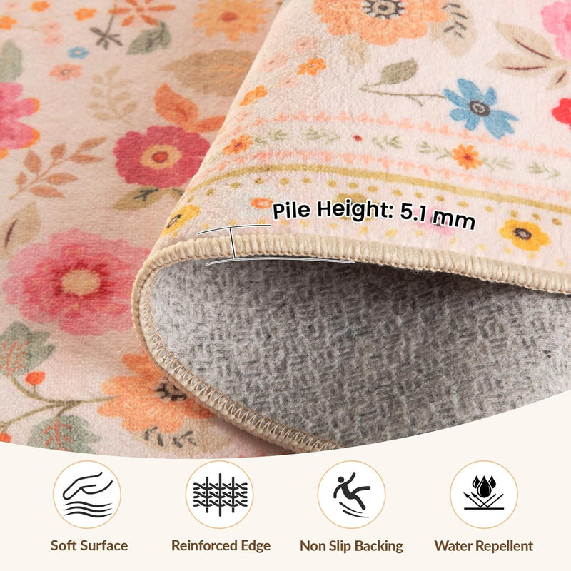 Washable Rug Floral Print Living Room