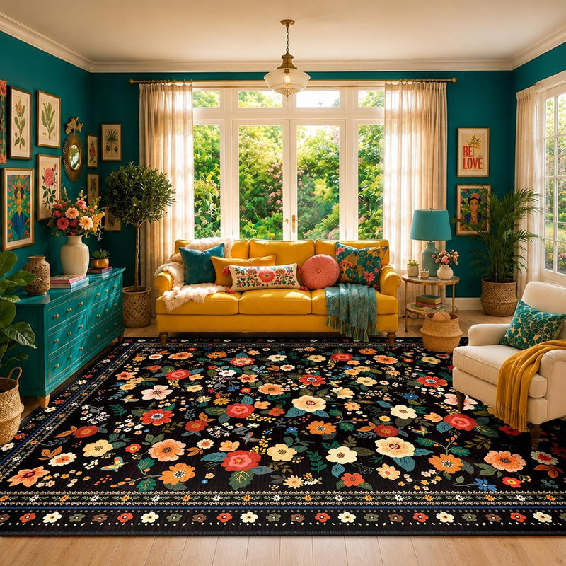 Washable Rug Floral Print Living Room