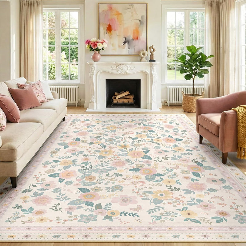Washable Rug Floral Print Living Room