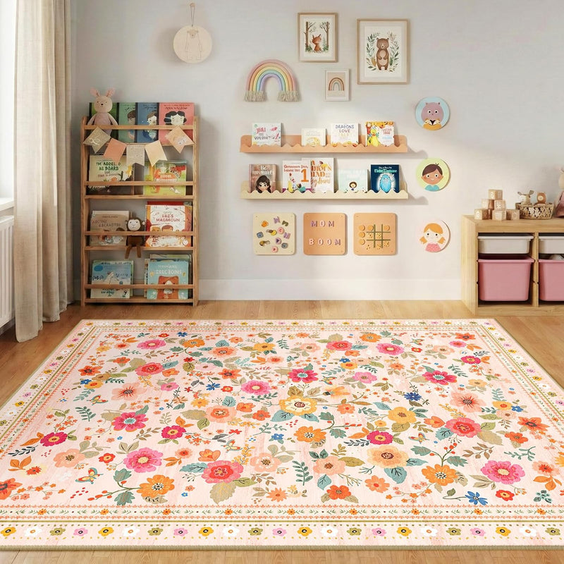 Washable Rug Floral Print Living Room