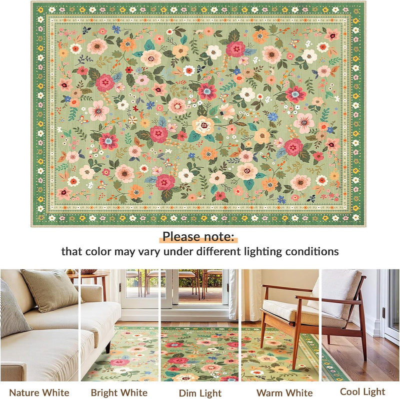 Washable Rug Floral Print Living Room