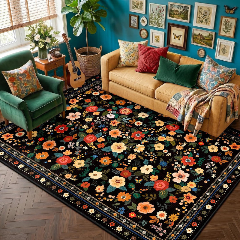 Washable Rug Floral Print Living Room