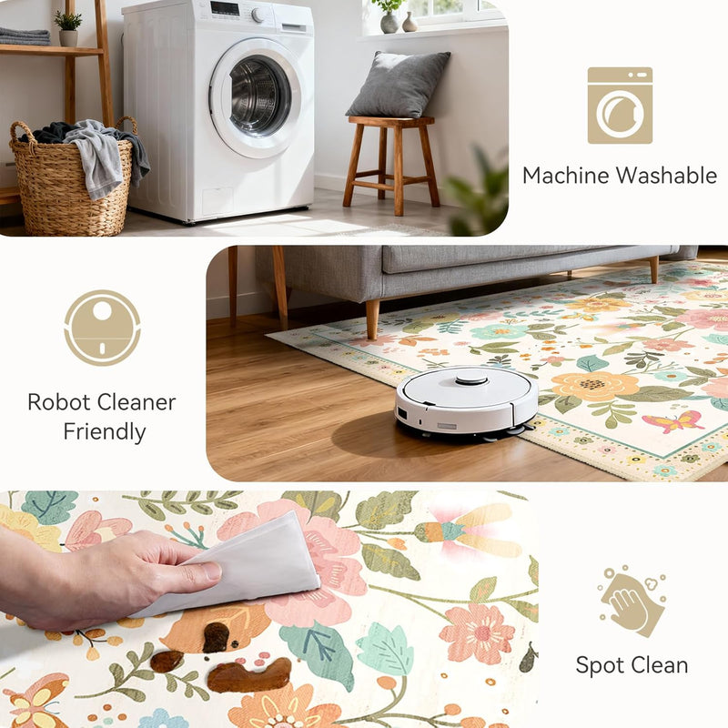 Rugs Living Room Machine Washable Floral Rug