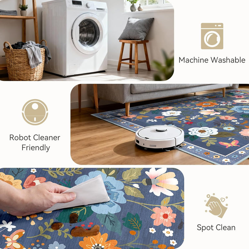 Rugs Living Room Machine Washable Floral Rug