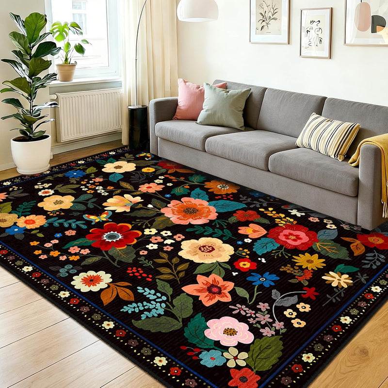 Rugs Living Room Machine Washable Floral Rug