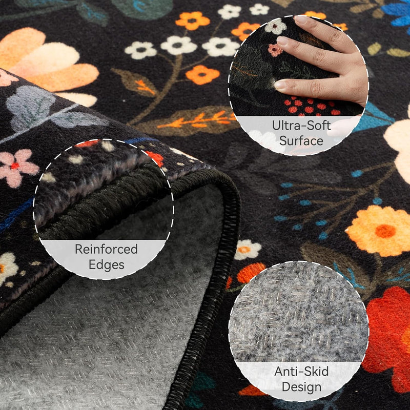 Rugs Living Room Machine Washable Floral Rug