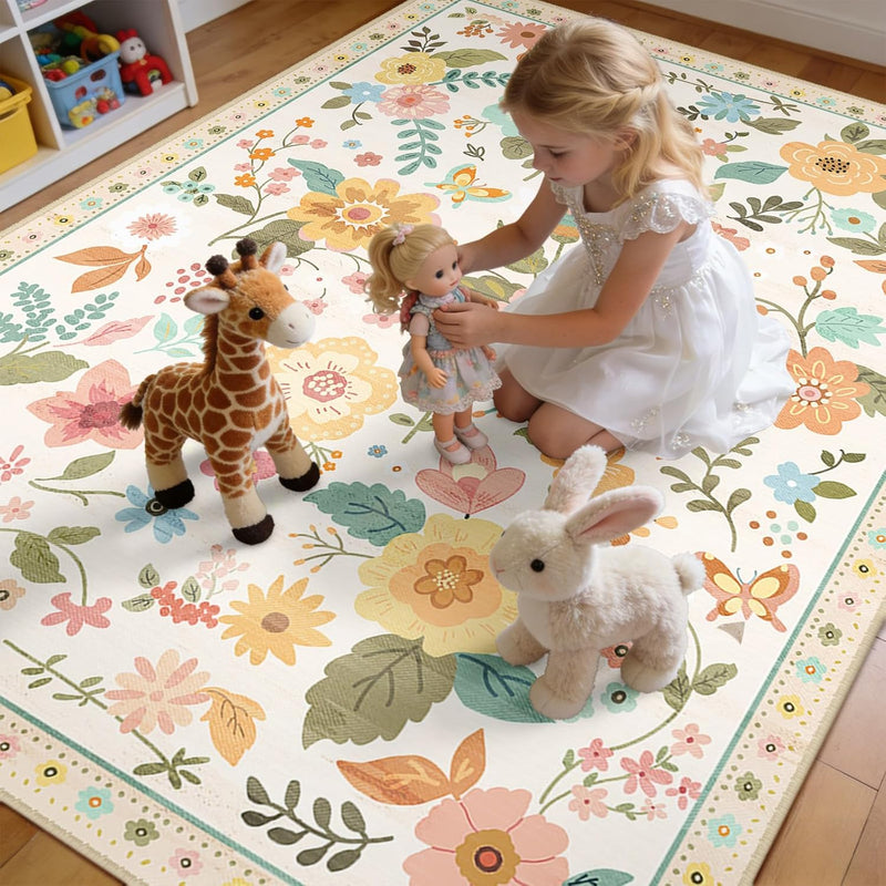 Rugs Living Room Machine Washable Floral Rug
