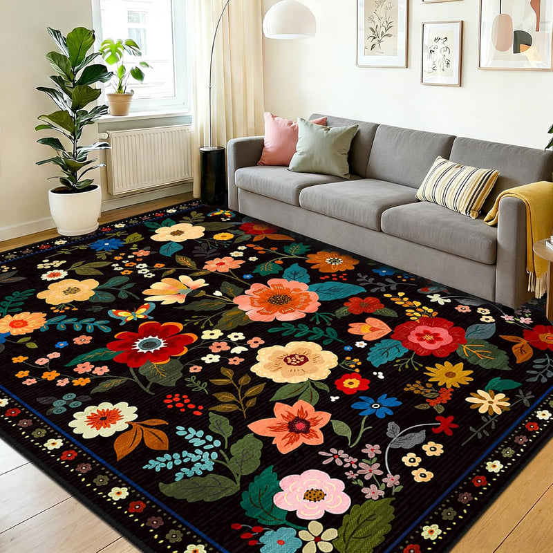 Rugs Living Room Machine Washable Floral Rug