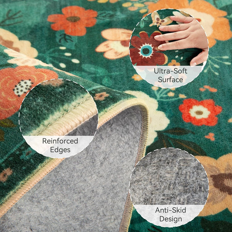 Rugs Living Room Machine Washable Floral Rug