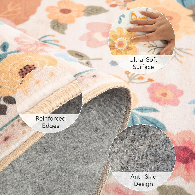 Rugs Living Room Machine Washable Floral Rug