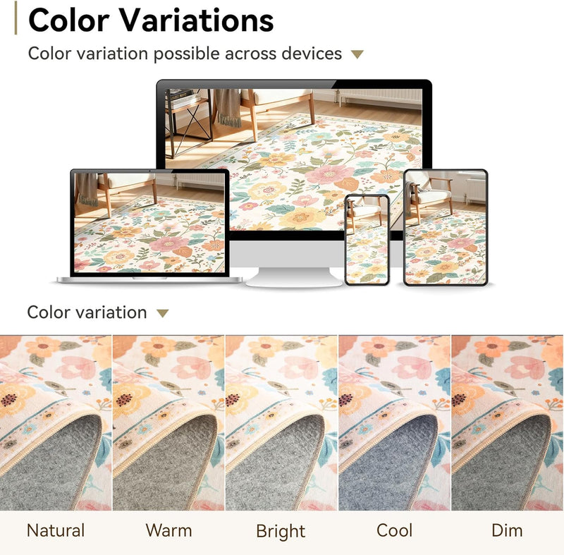 Rugs Living Room Machine Washable Floral Rug