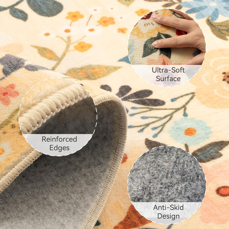 Rugs Living Room Machine Washable Floral Rug