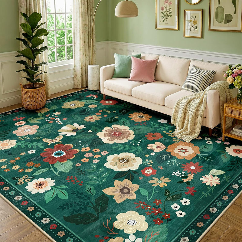 Rugs Living Room Machine Washable Floral Rug