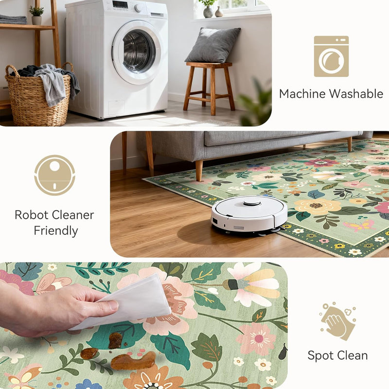 Rugs Living Room Machine Washable Floral Rug