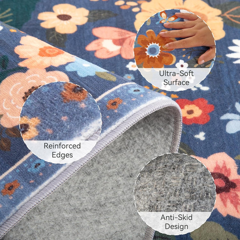 Rugs Living Room Machine Washable Floral Rug