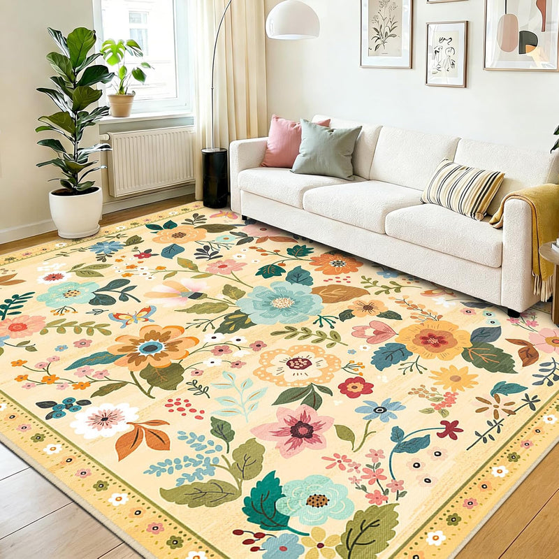 Rugs Living Room Machine Washable Floral Rug