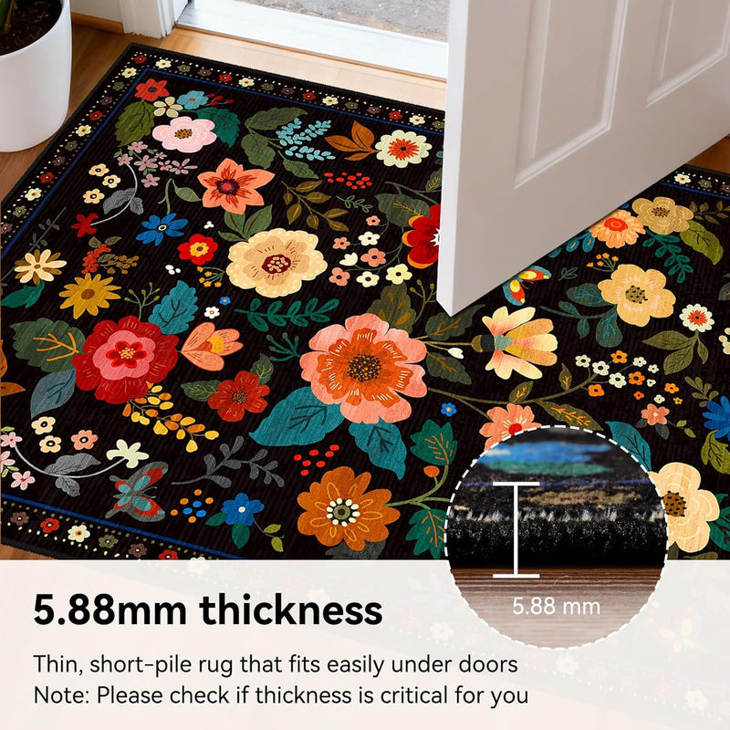 Rugs Living Room Machine Washable Floral Rug