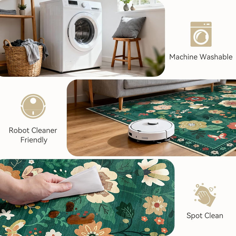 Rugs Living Room Machine Washable Floral Rug