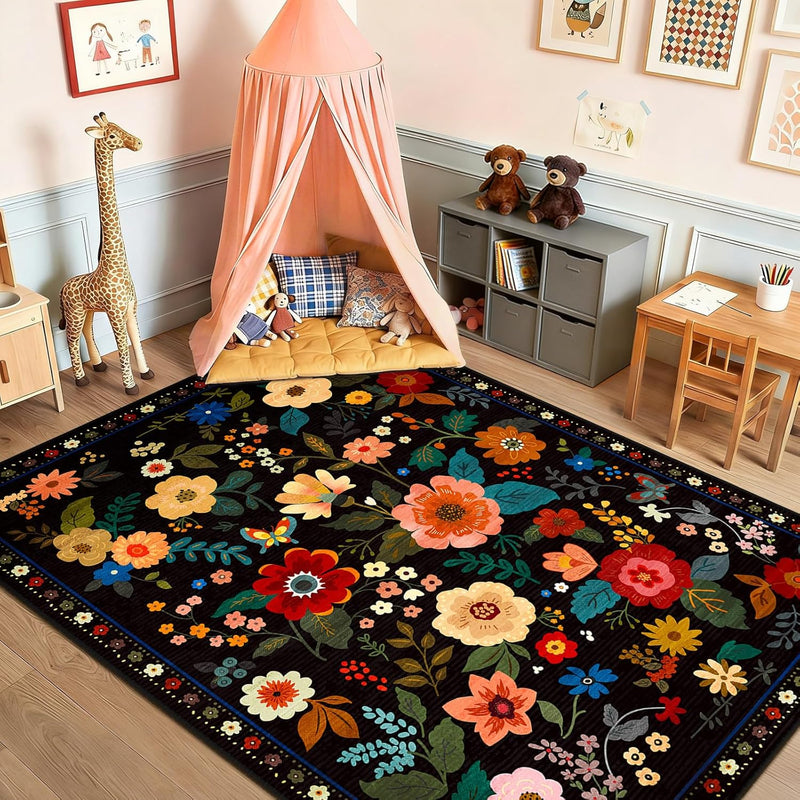 Rugs Living Room Machine Washable Floral Rug