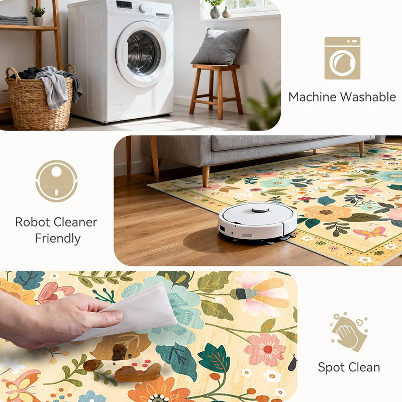 Rugs Living Room Machine Washable Floral Rug