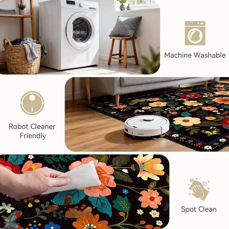 Rugs Living Room Machine Washable Floral Rug