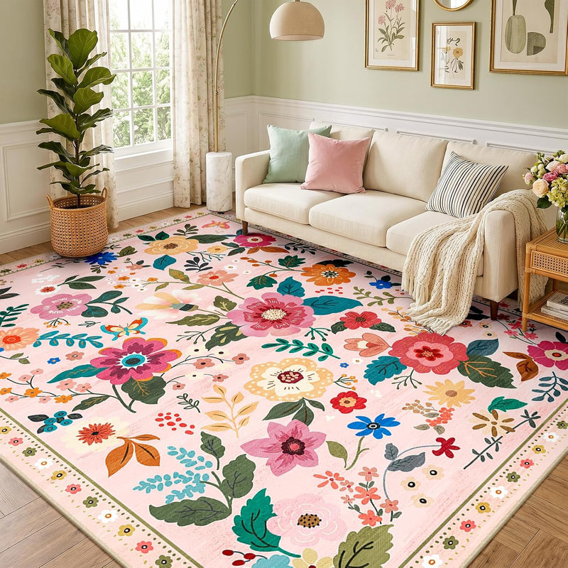 Rugs Living Room Machine Washable Floral Rug