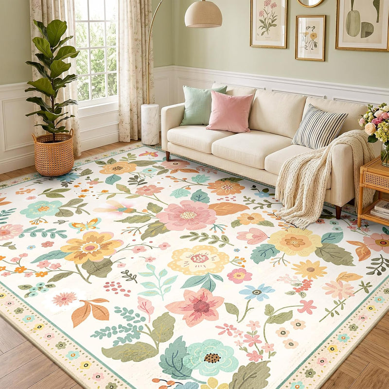 Rugs Living Room Machine Washable Floral Rug